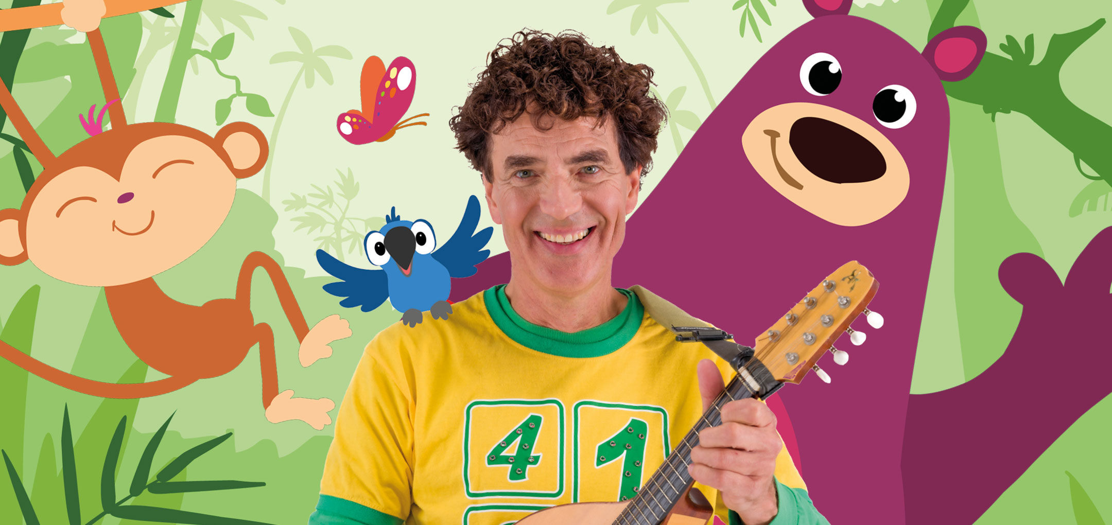 Voorstellingsbeeld van Dirk en de Storyzoo: persoon met een ukelele tegen een achtergrond met cartoonachtige jungle dieren en planten.