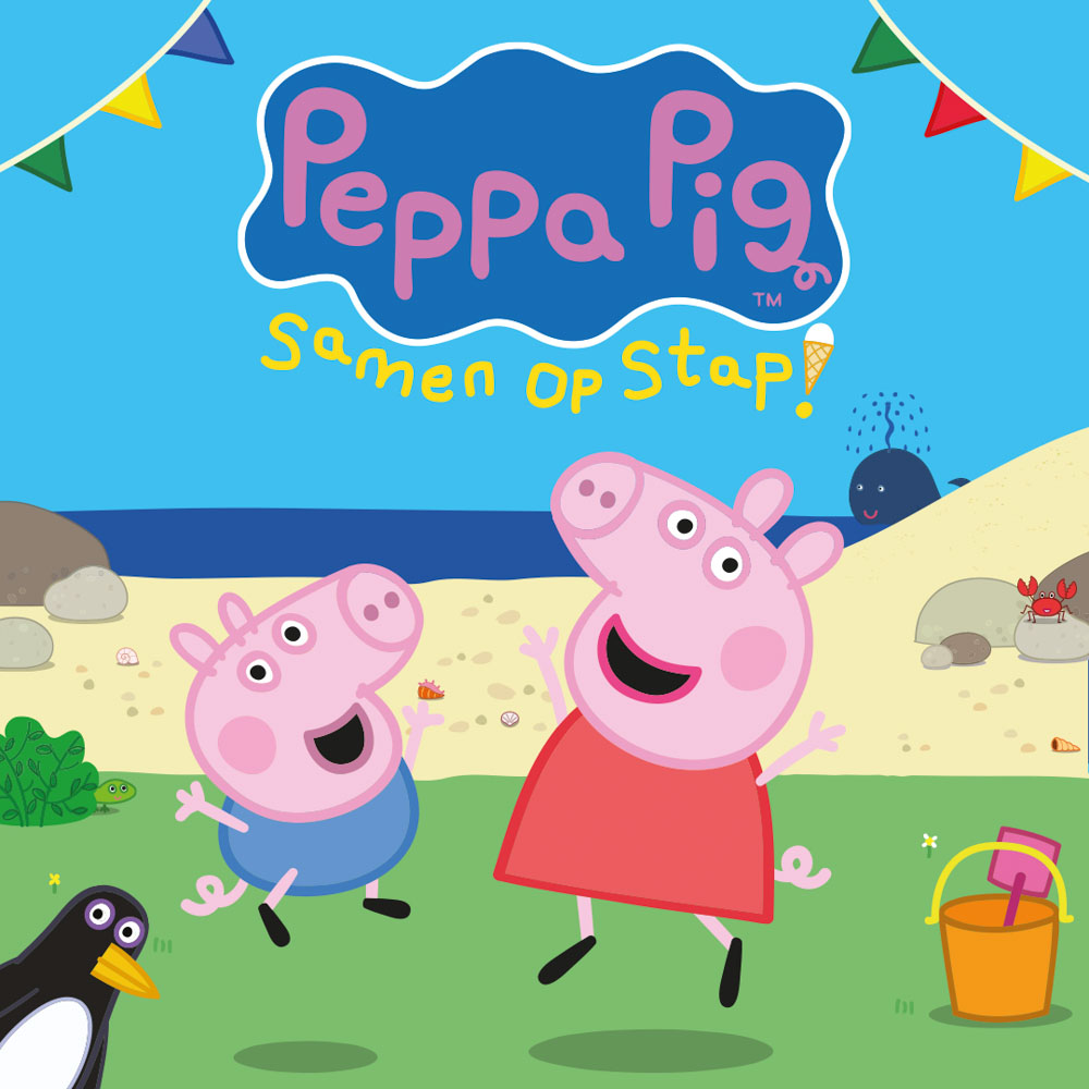 Peppa en George springen vrolijk op het gras bij het strand.