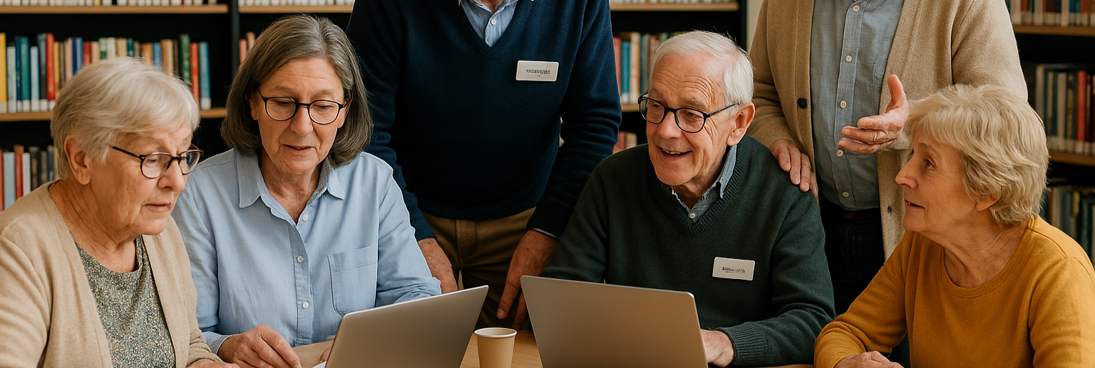 Groep ouderen helpt elkaar met bestellen van tickets bij Seniorweb.