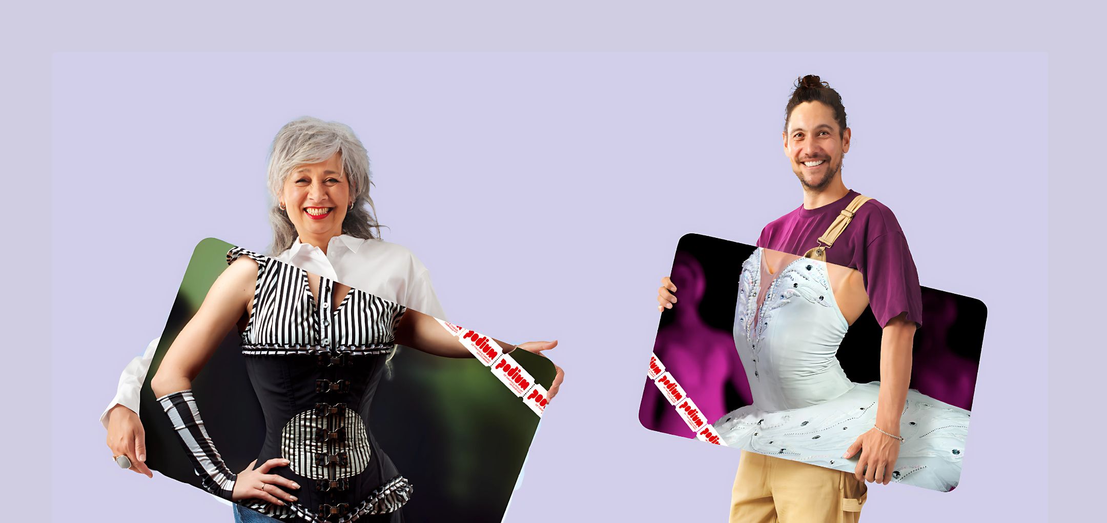 Vrouw en man poseren lachend met theaterkostuums op kartonnen borden.