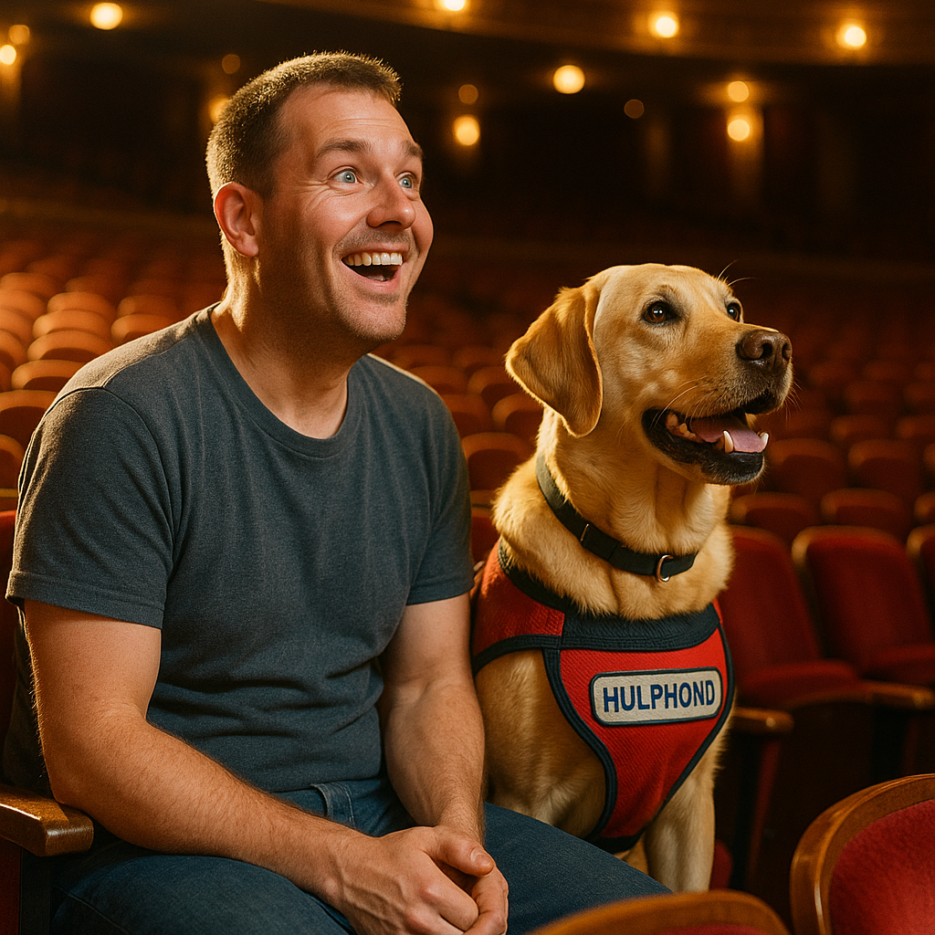 Man zit glimlachend in theaterzaal met hulphond aan zijn zijde.